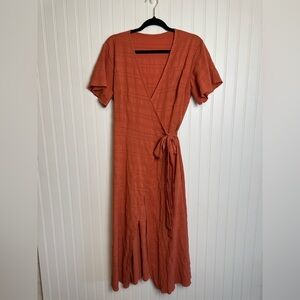 Orange wrap midi dress short sleeve size large H17